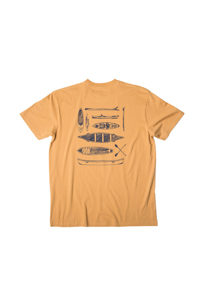 Orange t-shirt back view showing various canoe and kayak illustrations with paddles