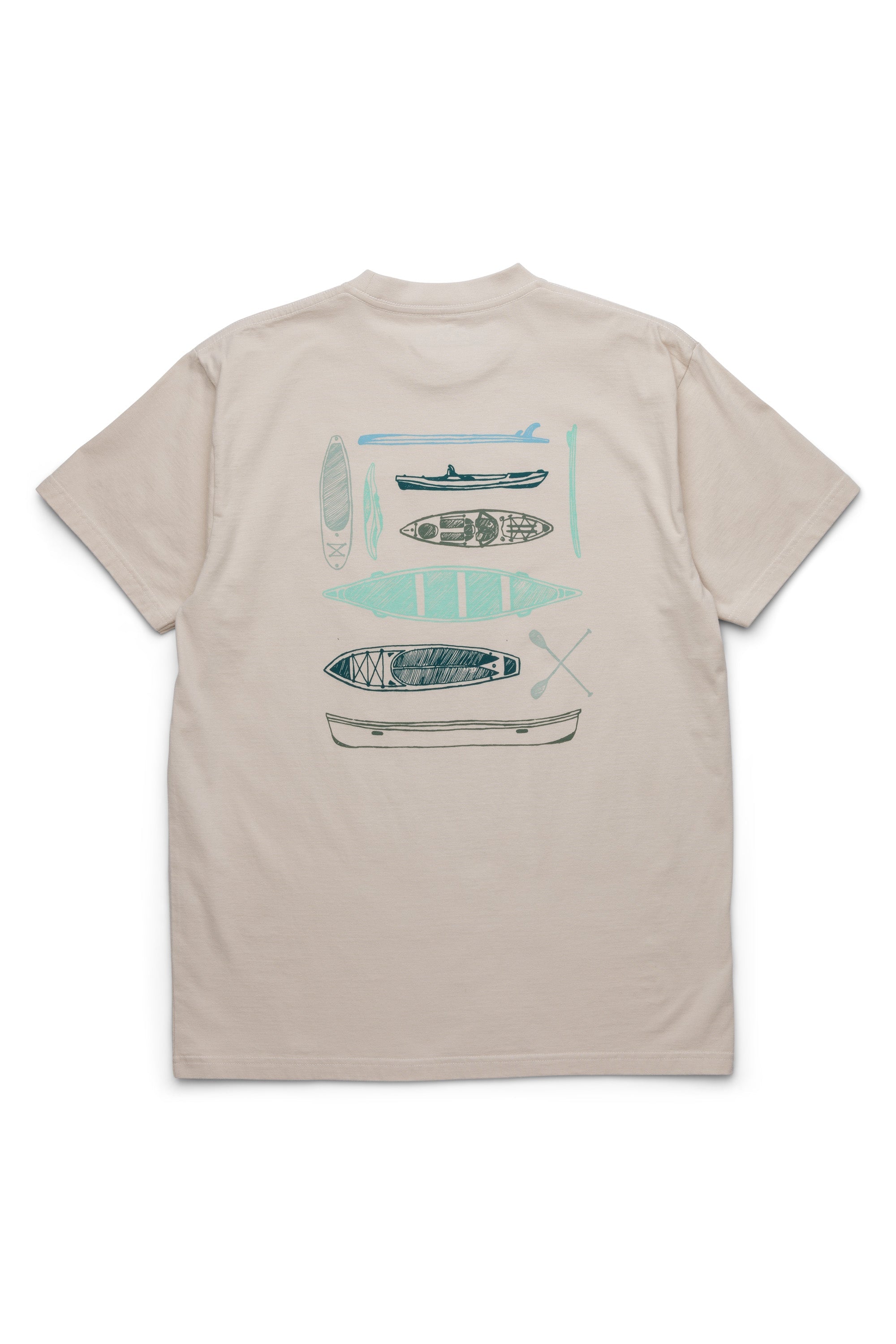 Light colored short sleeve t-shirt with various kayak and canoe illustrations on back