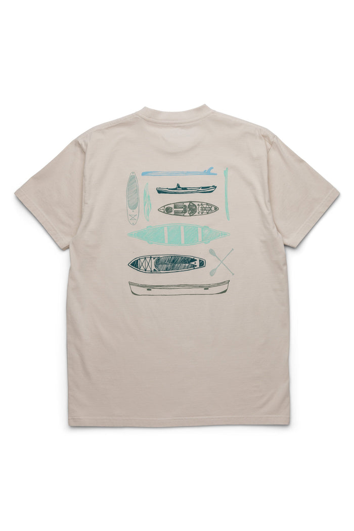 Light colored short sleeve t-shirt with various kayak and canoe illustrations on back