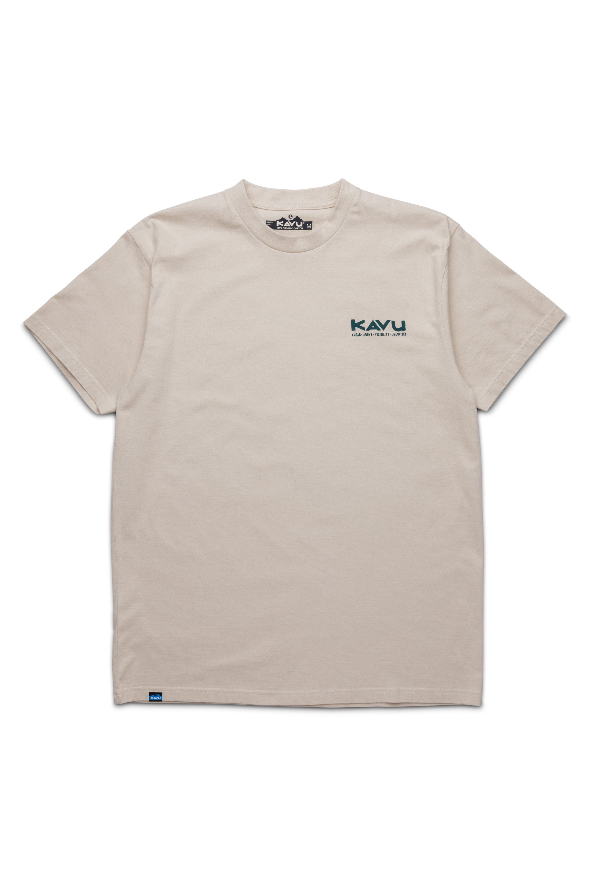 Light beige short-sleeve t-shirt with small chest logo, front view on white background