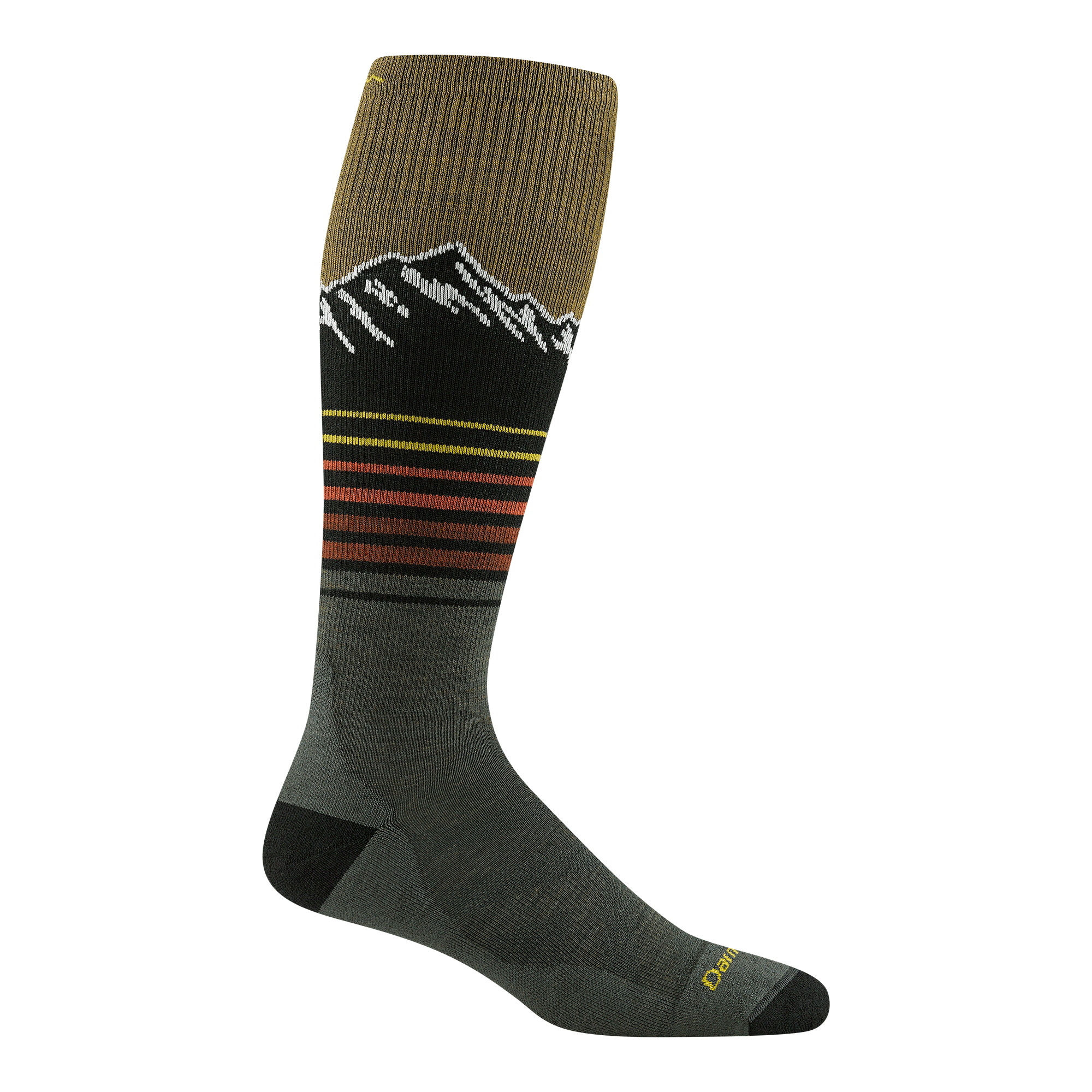 Knee-high wool ski sock in olive green with mountain peak graphic and colorful stripes
