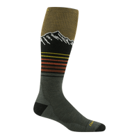 Knee-high wool ski sock in olive green with mountain peak graphic and colorful stripes