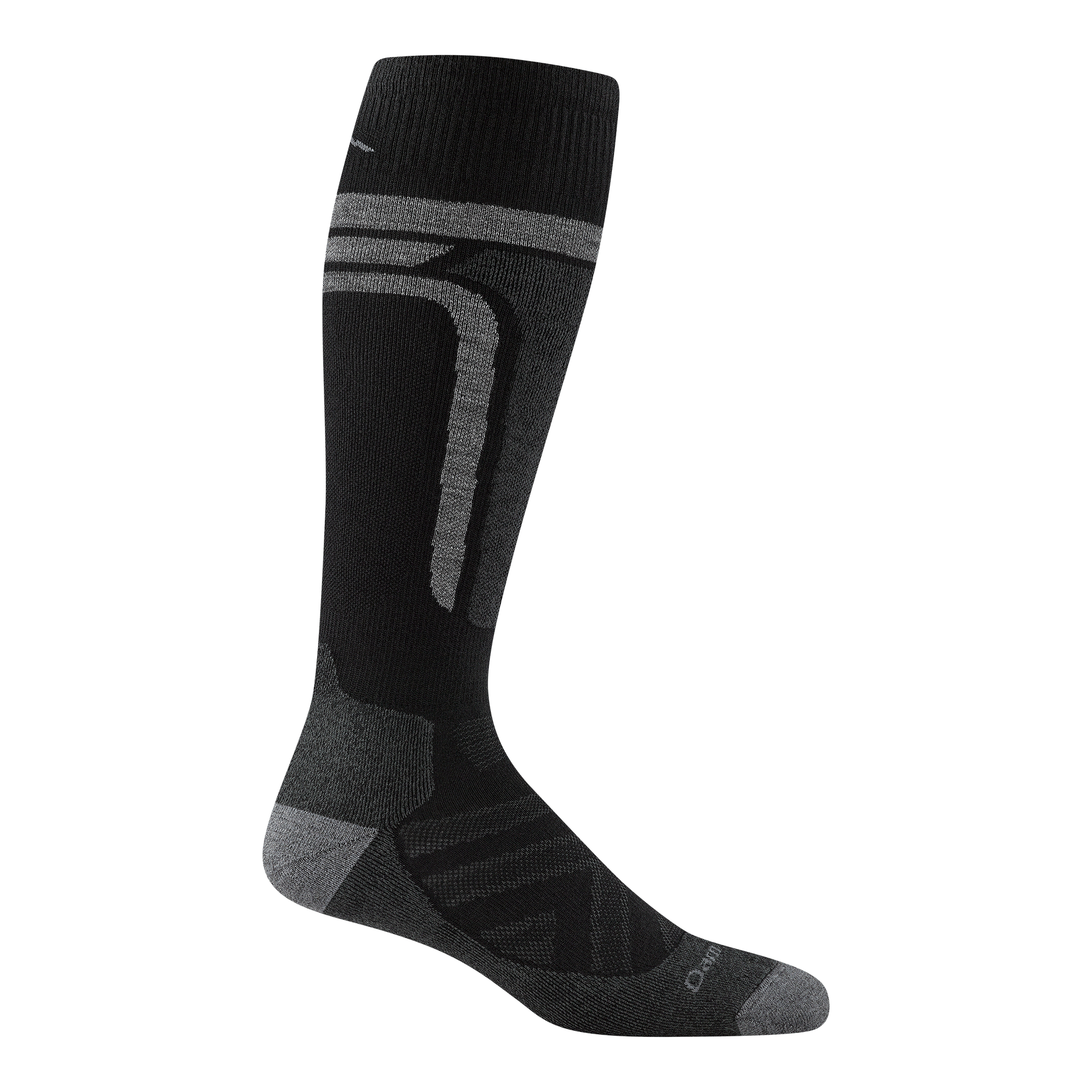 Tall ski sock in black with gray geometric stripe detailing and reinforced heel and toe