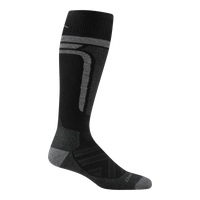 Tall ski sock in black with gray geometric stripe detailing and reinforced heel and toe