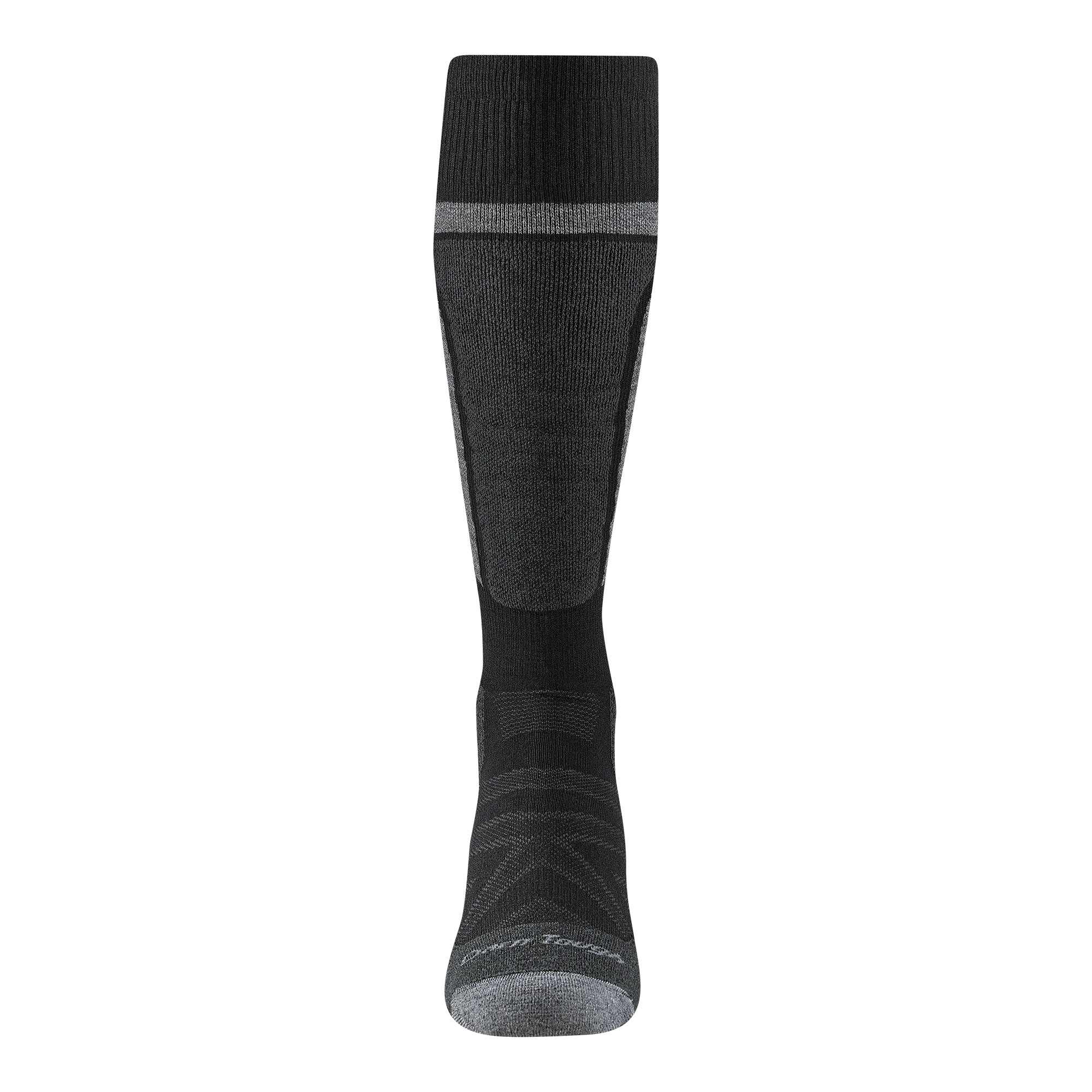 Tall knee-high compression sock in black with gray stripe and reinforced toe, front view