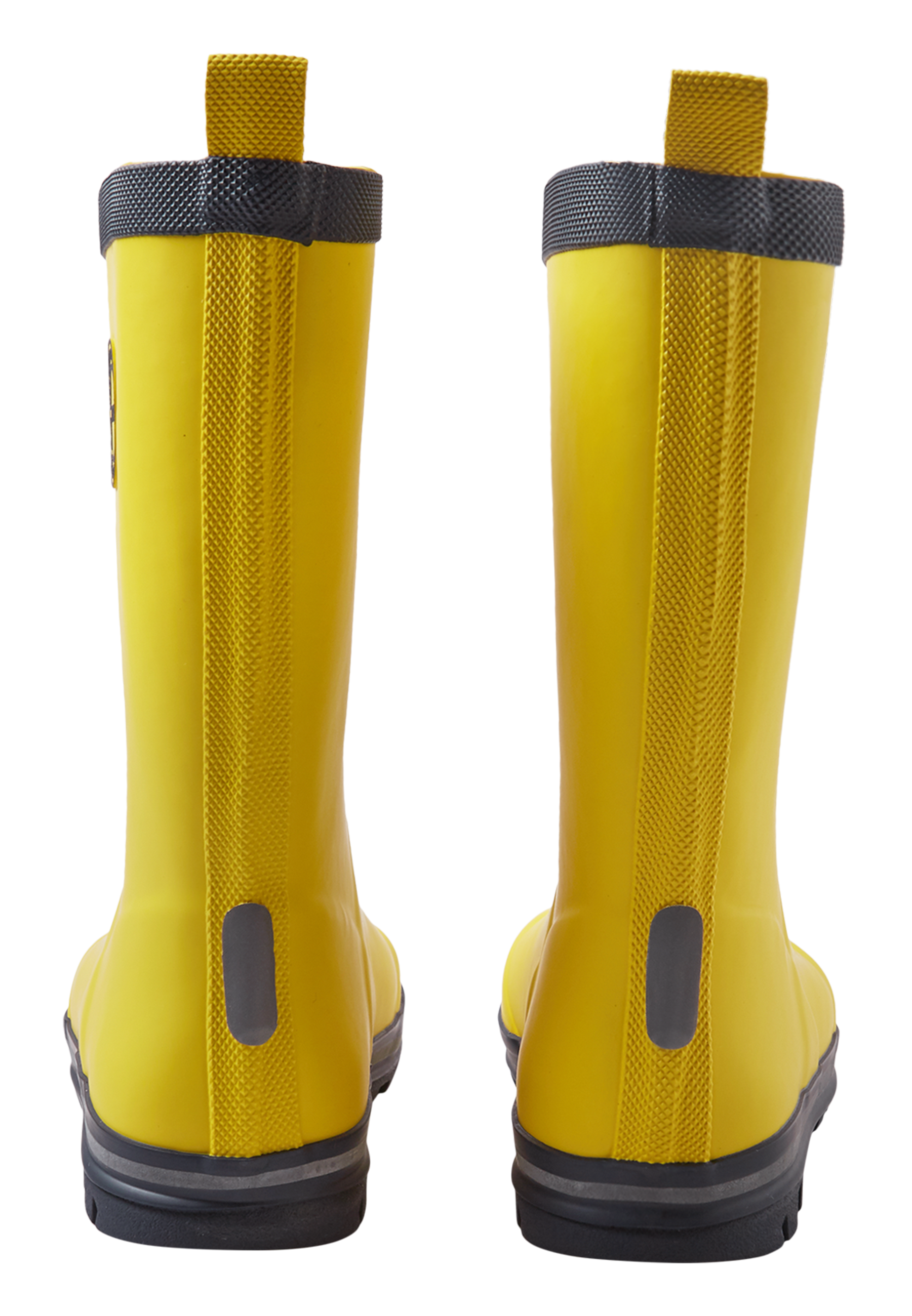 Bright yellow rain boots with black sole and trim, back view showing pull tabs