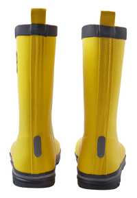Bright yellow rain boots with black sole and trim, back view showing pull tabs