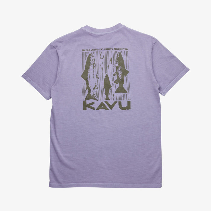 Light purple short-sleeve t-shirt with fish graphic design on back, flat lay view