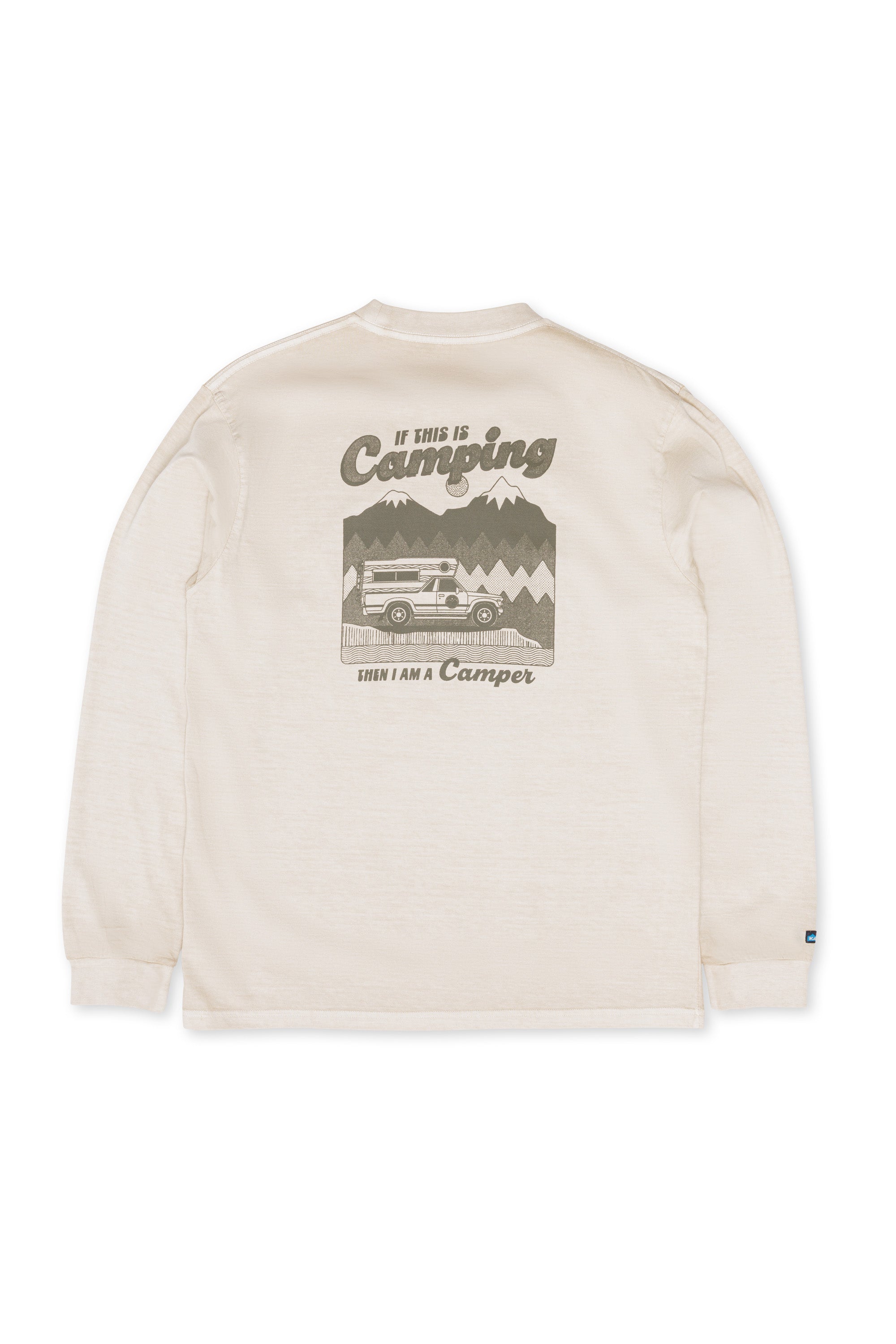 Cream long-sleeve shirt back view with camping van graphic and 'If This Is Camping Then I Am A Camper' text