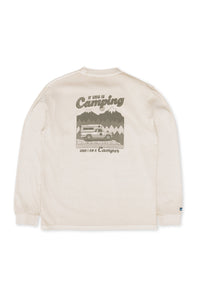 Cream long-sleeve shirt back view with camping van graphic and 'If This Is Camping Then I Am A Camper' text