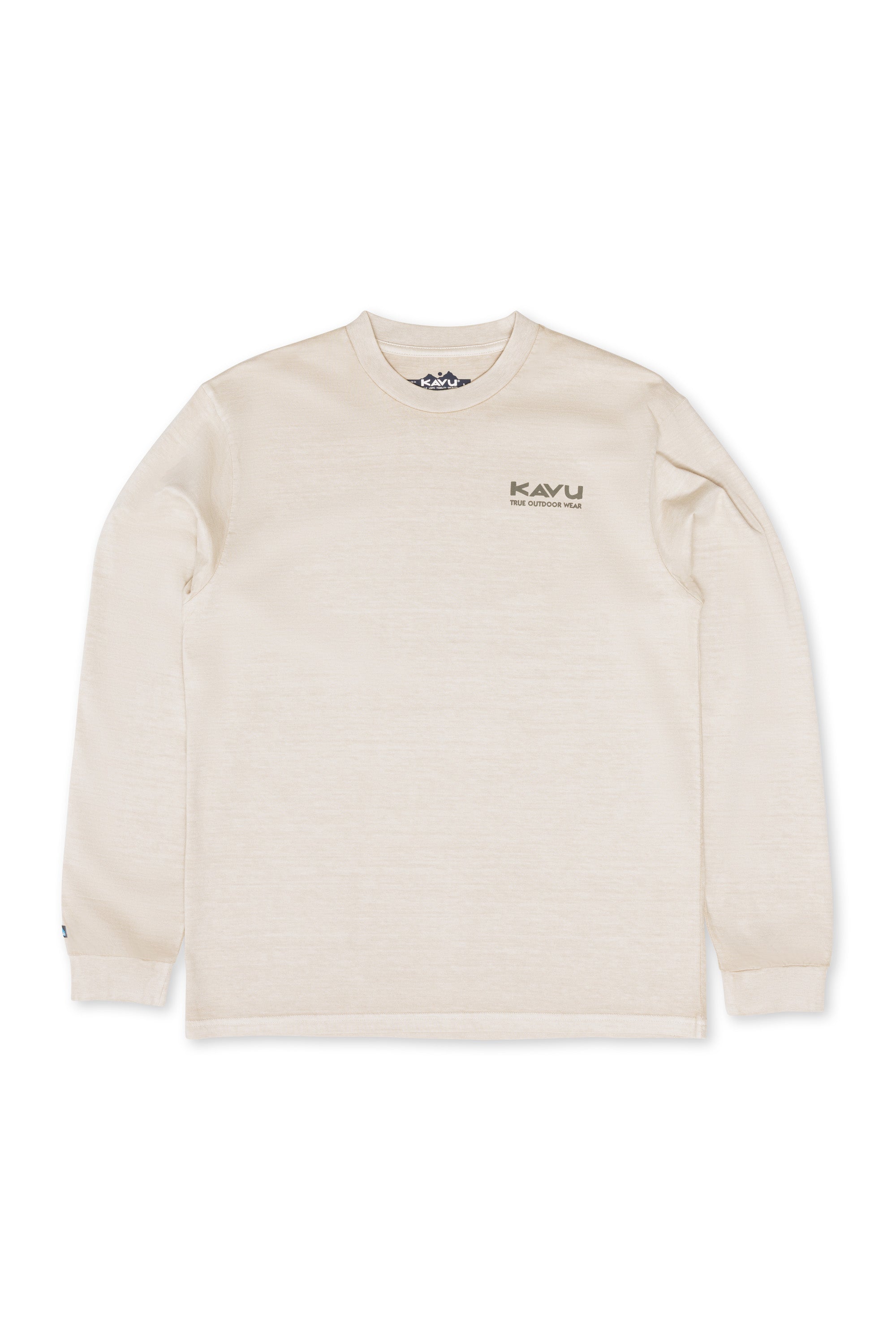 Long-sleeve cream pullover shirt with small chest logo, flat lay front view
