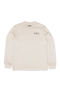 Long-sleeve cream pullover shirt with small chest logo, flat lay front view
