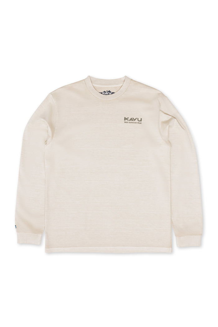 Long-sleeve cream pullover shirt with small chest logo, flat lay front view