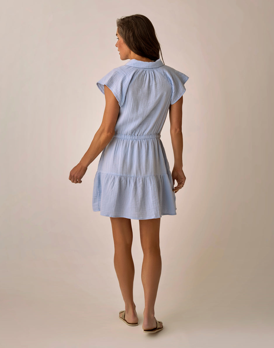 Light blue gauze dress with cap sleeves and tiered skirt, shown from back view
