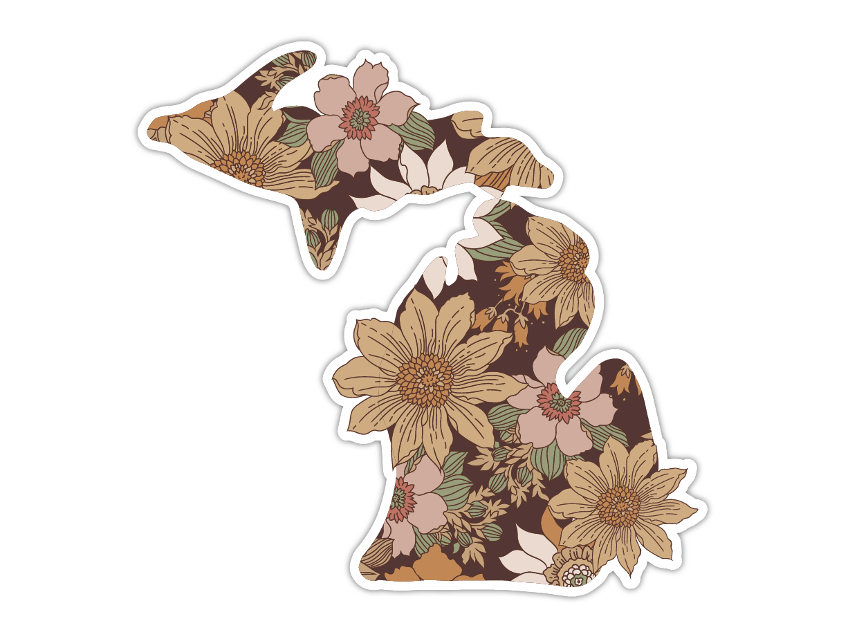 State-shaped sticker with vintage floral pattern featuring tan and pink flowers on brown background