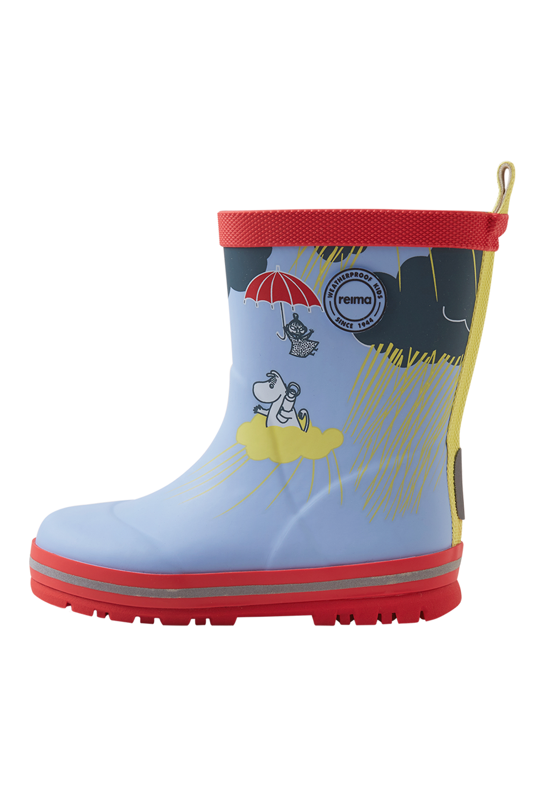 Children's rain boots with character graphics, red trim and treaded sole, side view