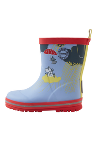Children's rain boots with character graphics, red trim and treaded sole, side view