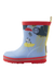 Children's rain boots with character graphics, red trim and treaded sole, side view