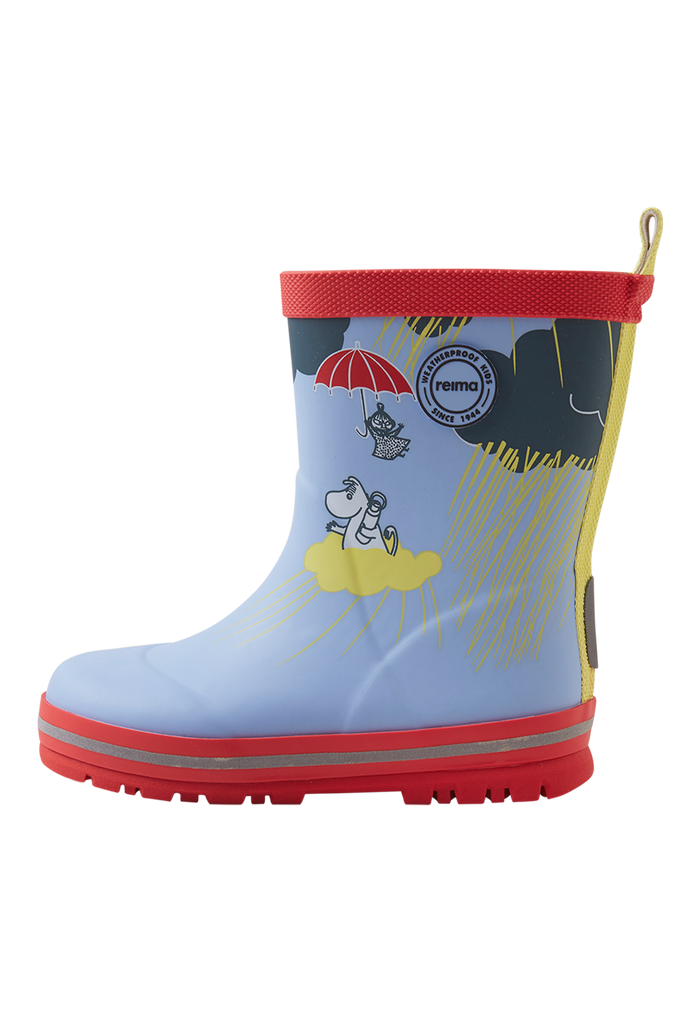 Children's rain boots with character graphics, red trim and treaded sole, side view