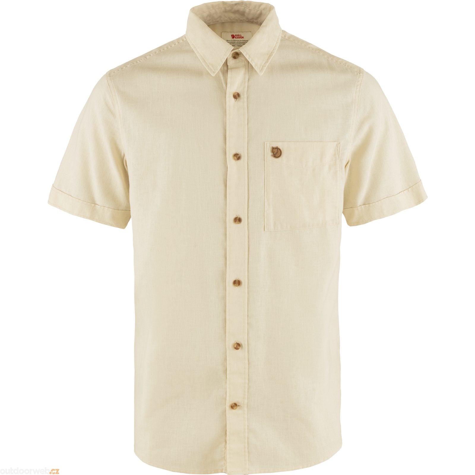 Men's short-sleeve button-up shirt in off-white with chest pocket and wooden buttons, front view