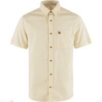 Men's short-sleeve button-up shirt in off-white with chest pocket and wooden buttons, front view