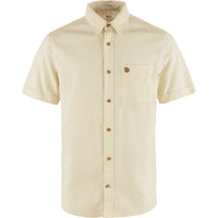 Men's short-sleeve button-up shirt in off-white with chest pocket and brown buttons, front view