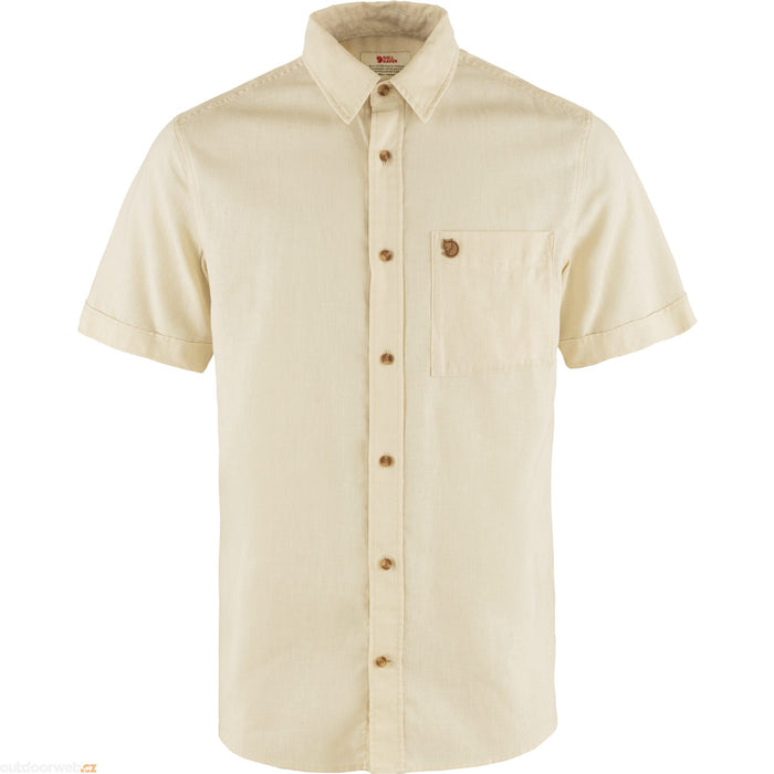 Men's short-sleeve button-up shirt in off-white with chest pocket and wooden buttons, front view