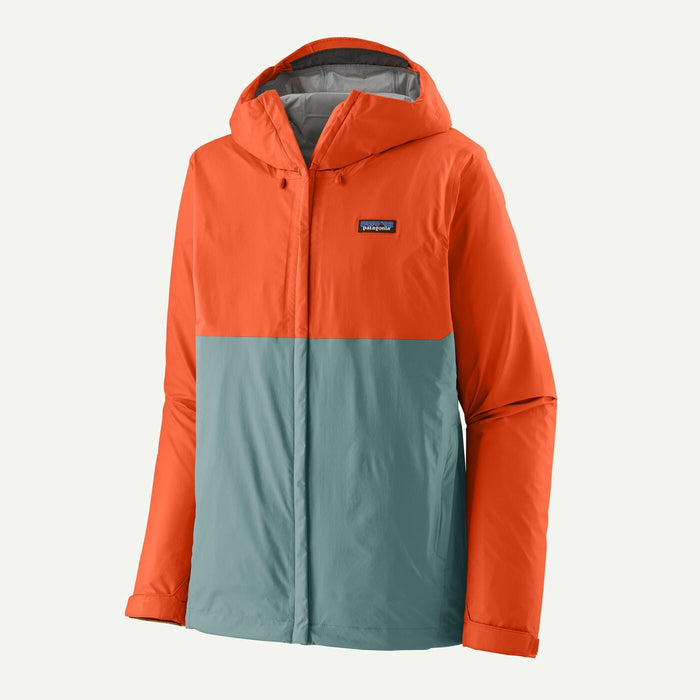 Two-tone hooded rain jacket with orange upper and teal lower colorblock design, front view