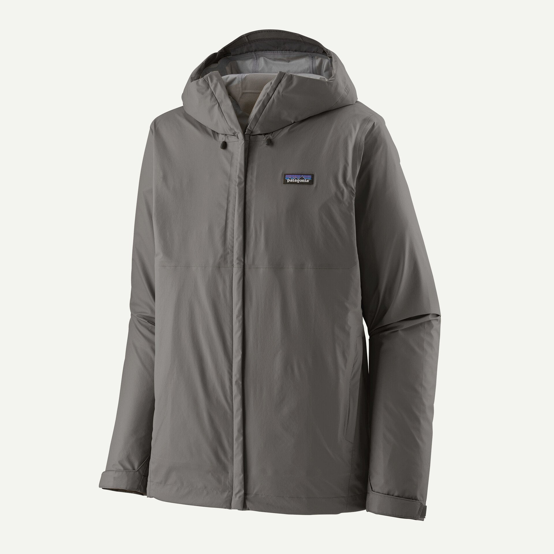 Gray hooded rain jacket with center zip, adjustable hood, and side pockets, front view