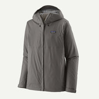 Gray hooded rain jacket with center zip, adjustable hood, and side pockets, front view