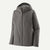Gray hooded rain jacket with center zip, adjustable hood, and side pockets, front view
