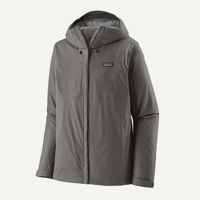 Gray hooded rain jacket with center zip, adjustable hood, and side pockets, front view