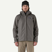Men's waterproof rain jacket in gray, front view, with hood and chest logo patch