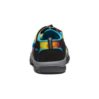 Colorful striped water sandal with rainbow pattern, rear heel view showing adjustable strap