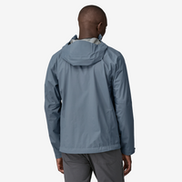 Men's hooded rain jacket in slate blue-gray color, shown from back view