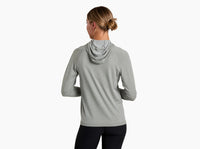 Light gray hooded pullover sweater shown from back view with hood up