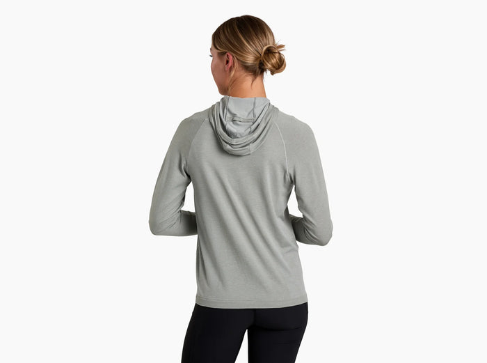 Light gray hooded pullover sweater shown from back view with hood up