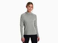 Light green hooded long-sleeve top with relaxed fit, front view on model