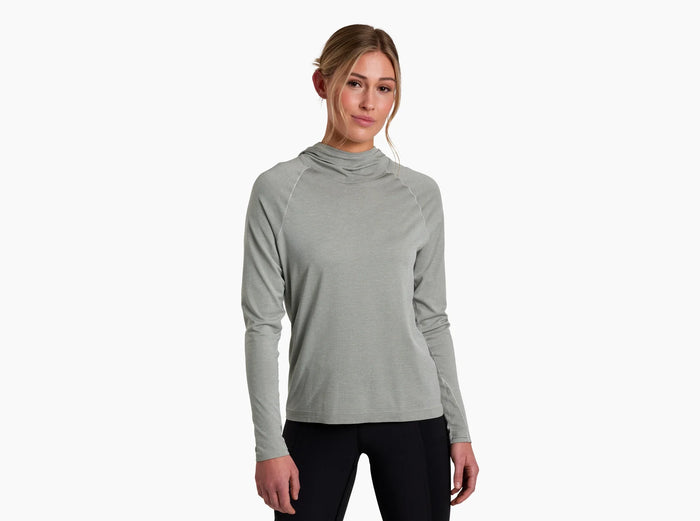 Light green hooded long-sleeve top with relaxed fit, front view on model