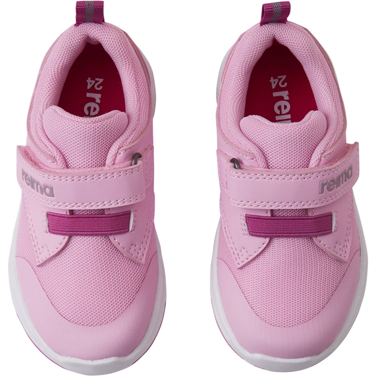 Pink children's athletic sneakers with velcro strap closure and mesh details, pair view