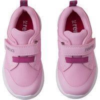 Pink children's athletic sneakers with velcro strap closure and mesh details, pair view