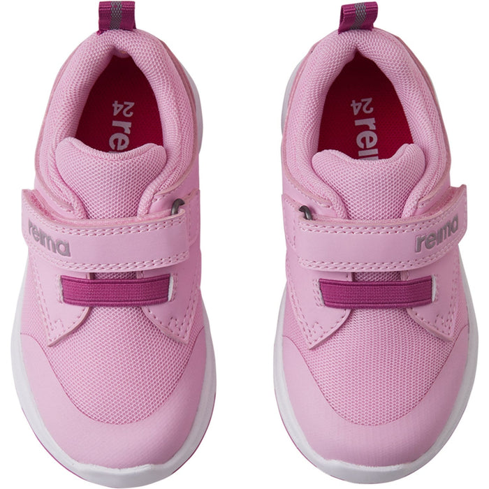 Pink children's athletic sneakers with velcro strap closure and mesh details, pair view
