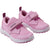 Pink children's athletic sneakers with velcro straps and white soles, angled view