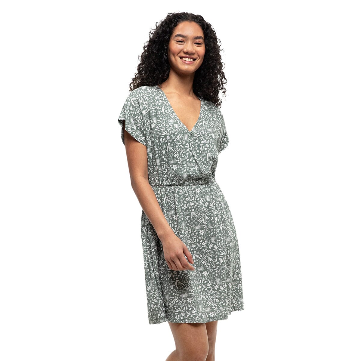 Short-sleeve wrap dress with sage green floral pattern and belt tie