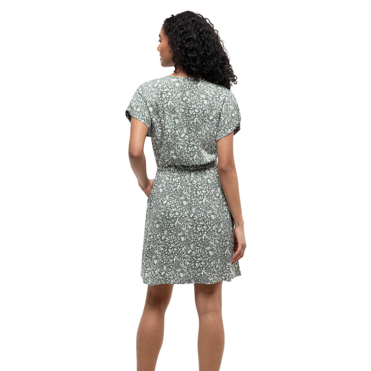 Green floral print short-sleeve dress with belt, back view on model