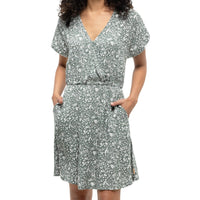 Gray-green wrap dress with white floral print, short sleeves, and tie waist