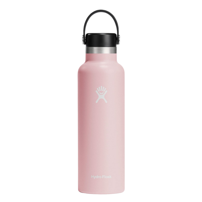 Light pink insulated stainless steel water bottle with black flex cap and carry handle, front view
