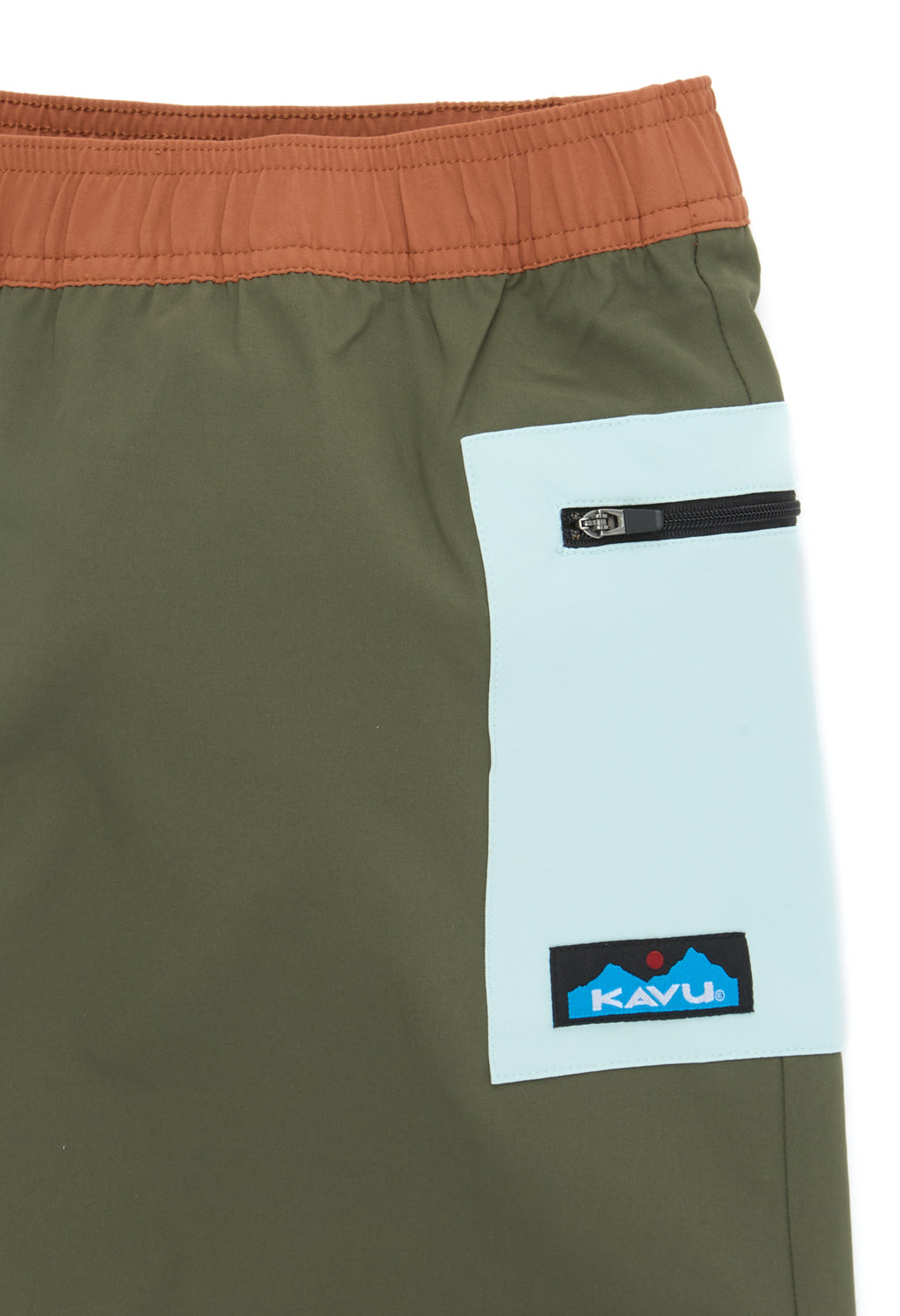 Women's athletic shorts with elastic waistband, side zippered pocket and colorblock design