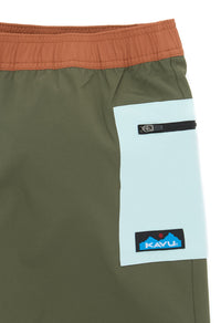 Women's athletic shorts with elastic waistband, side zippered pocket and colorblock design