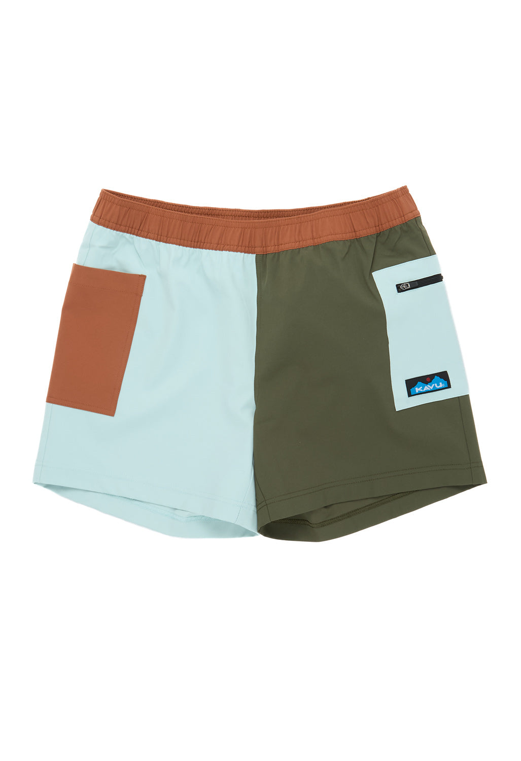 Colorblock athletic shorts with elastic waistband and zippered pocket, flat lay view